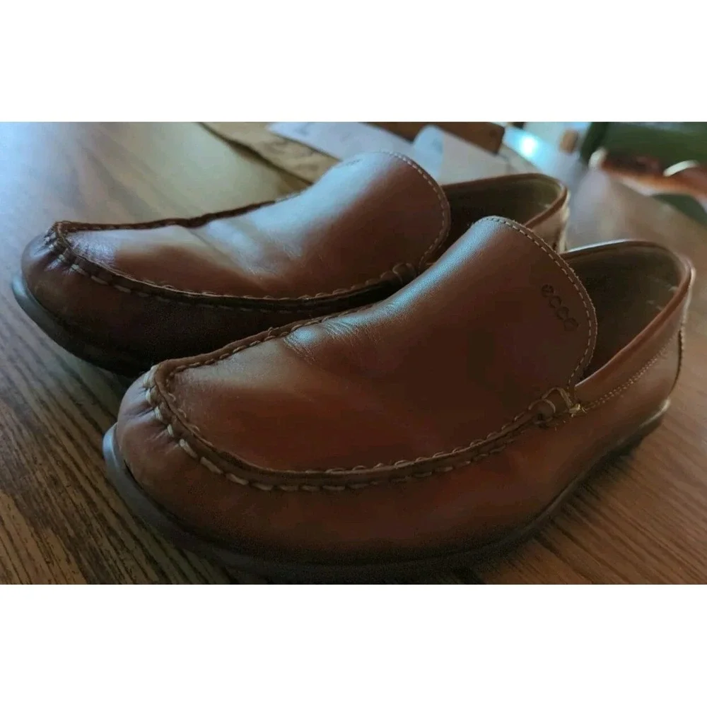Mens Ecco Loafers Shoes Sz 10 44X W Used Brown Leather Plain‎ Toe Driving Modern